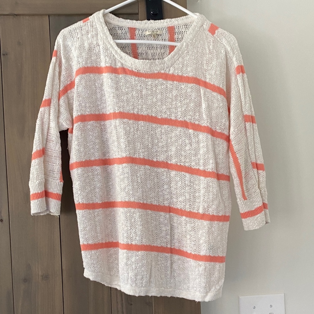 Lightweight Cream Knit Top with Coral Stripes